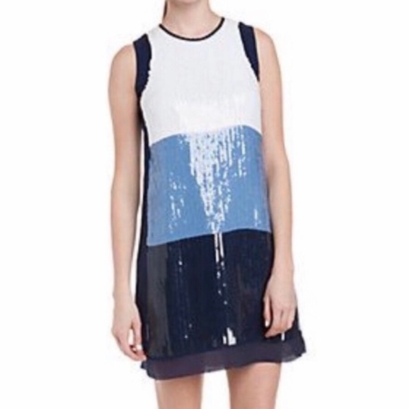 Shoshanna Striped Sequin Mini Dress Sleeveless Blue White Shift Designer Size 2 - Picture 3 of 11
